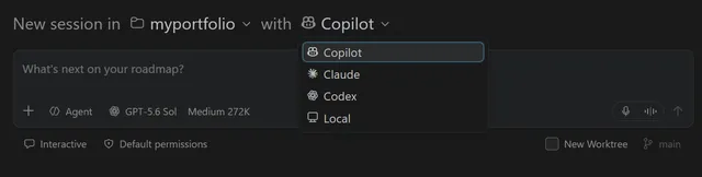Screenshot of a new-session target menu above separate role, model and permission controls, with workspace and worktree choices nearby.