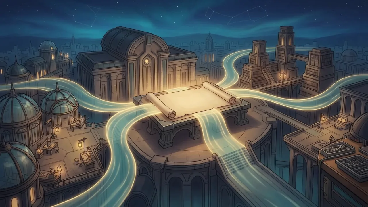 Illuminated paths extend from a central charter into an archive city.
