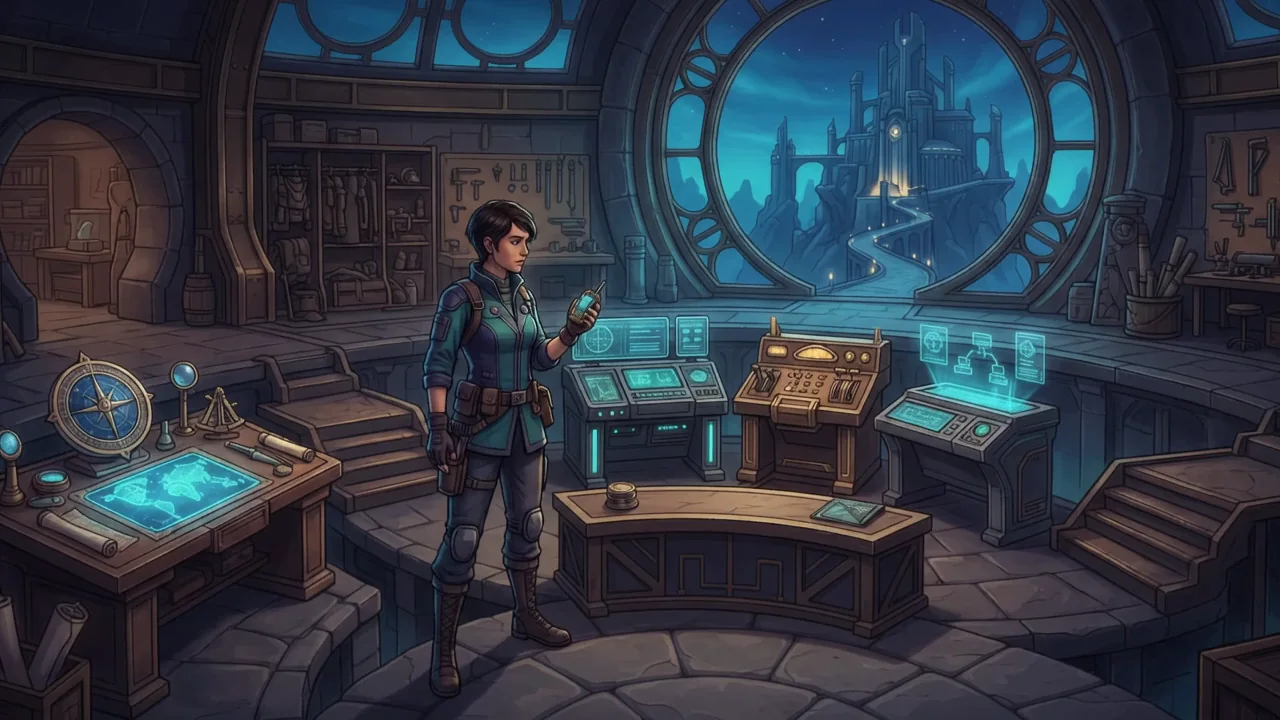 A navigator examines a device between illuminated workstations.